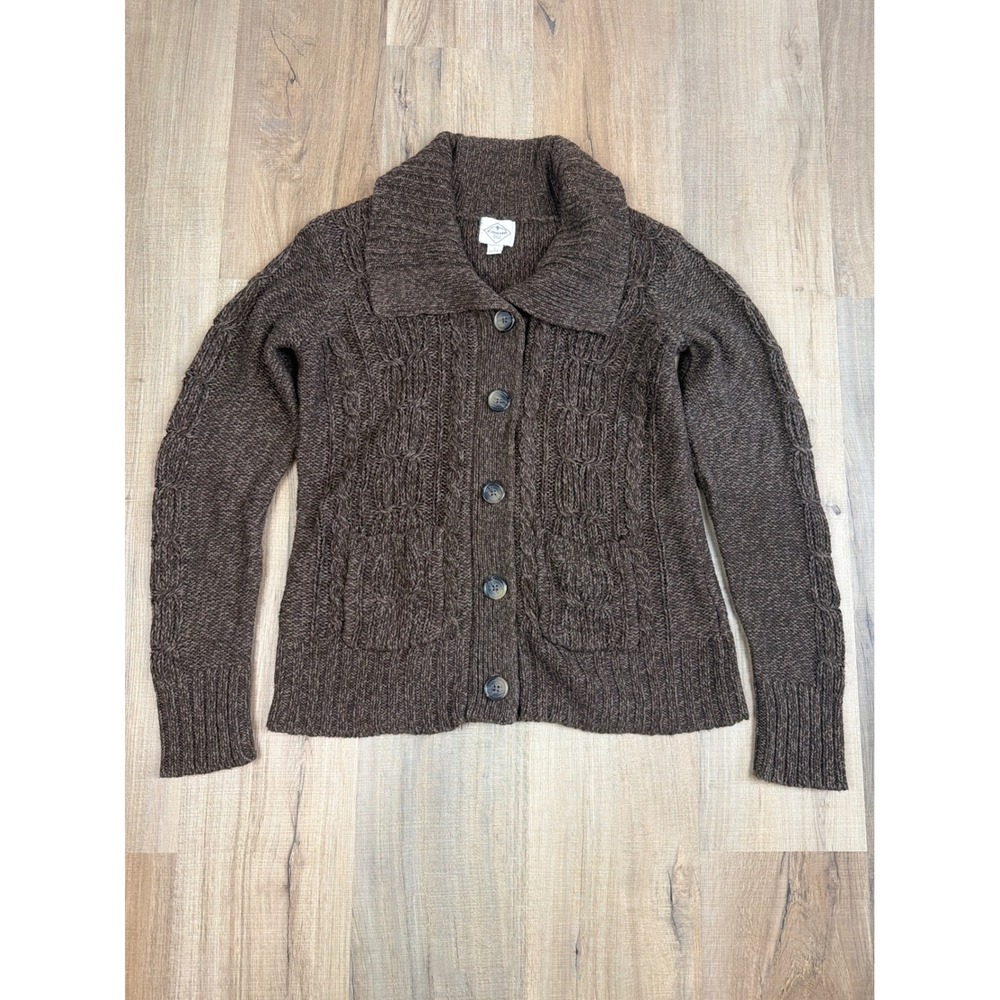 St Johns Bay Brown Cable Knit Button Front Cardigan Sweater Large Fold Collar
